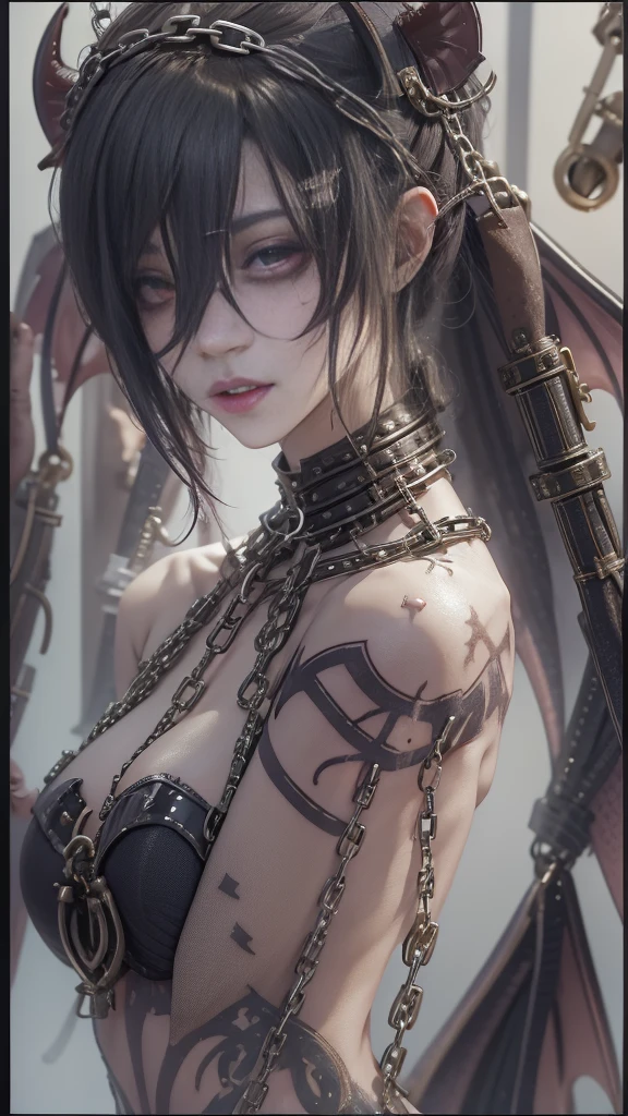 (32K:1.5, Dark fantasy:1.4, Highest quality, masterpiece, Ultra-high resolution), Perfect dynamic composition:1.3, Horror Portrait:1.4, chaos, darkness, Dark Demon World:1.3, (Detailed tattoos on the whole body:1.4, wearing exquisite jewelry:1.4), Very detailedな肌と顔の質感:1.3, Very accurate, Very detailed, (Cute and sexy succubus demon with big wings:1.3, Incredibly slim body:1.3, beautifully、beautiful:1.3), Prisoner, slave, Horn, Fair skin, Sensual posture, (How to properly dress badly torn clothing:1.3), Medium chest, (Big eyes that exude beautiful eroticism:0.4, Her expression when she felt intense caresses:1.0, Please open your mouth a little, lipstick, Feel the beautiful eroticism:0.9, Too sexy and cute:0.7, charm的な:0.7), ((torture:1.5, Lots of chains:1.6, Countless chains tangled in clothes:1.6, Chain your right arm:1.5, Chain the left arm:1.5, The right leg is bound with a shackle and chain:1.5, The left leg is bound with a shackle and chain:1.5)), Super long blonde curly hair, Earrings, necklace, bracelet, romantic, mysterious, elegant, Object of admiration, original, dramatic, artistic, Innovative, charm, Heartful, Fancy, sense of openness, sense of cleanliness, special, exciting, Extreme, Tilt, sense of loss, sorrow, sorrowの表現, (((大人のcharm, 女性的なcharm)))