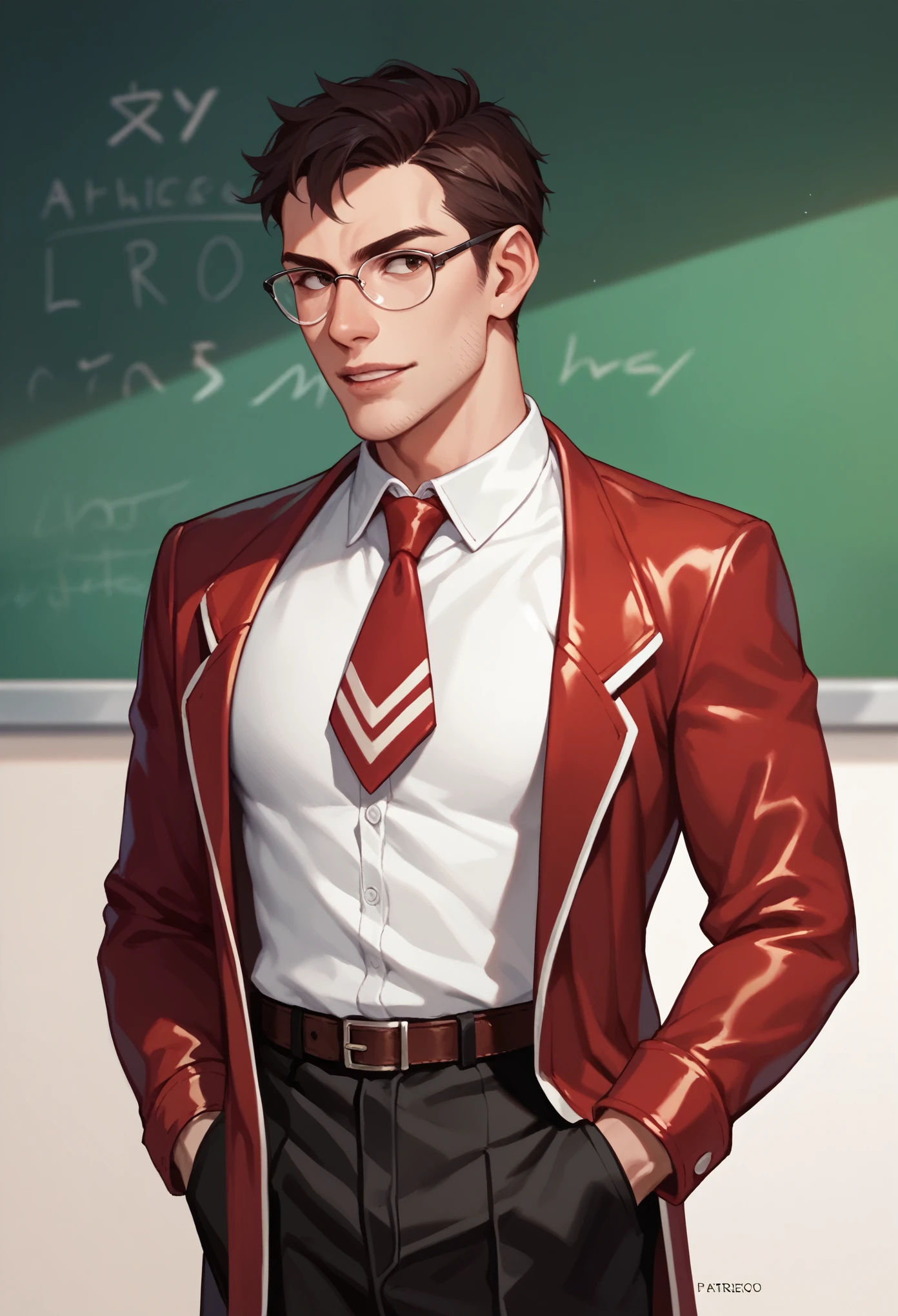 1 guy, Monster Guy, gradient, colored leather, waist-length portrait,  emotion of confidence on the face , ((Teacher's clothes)) 