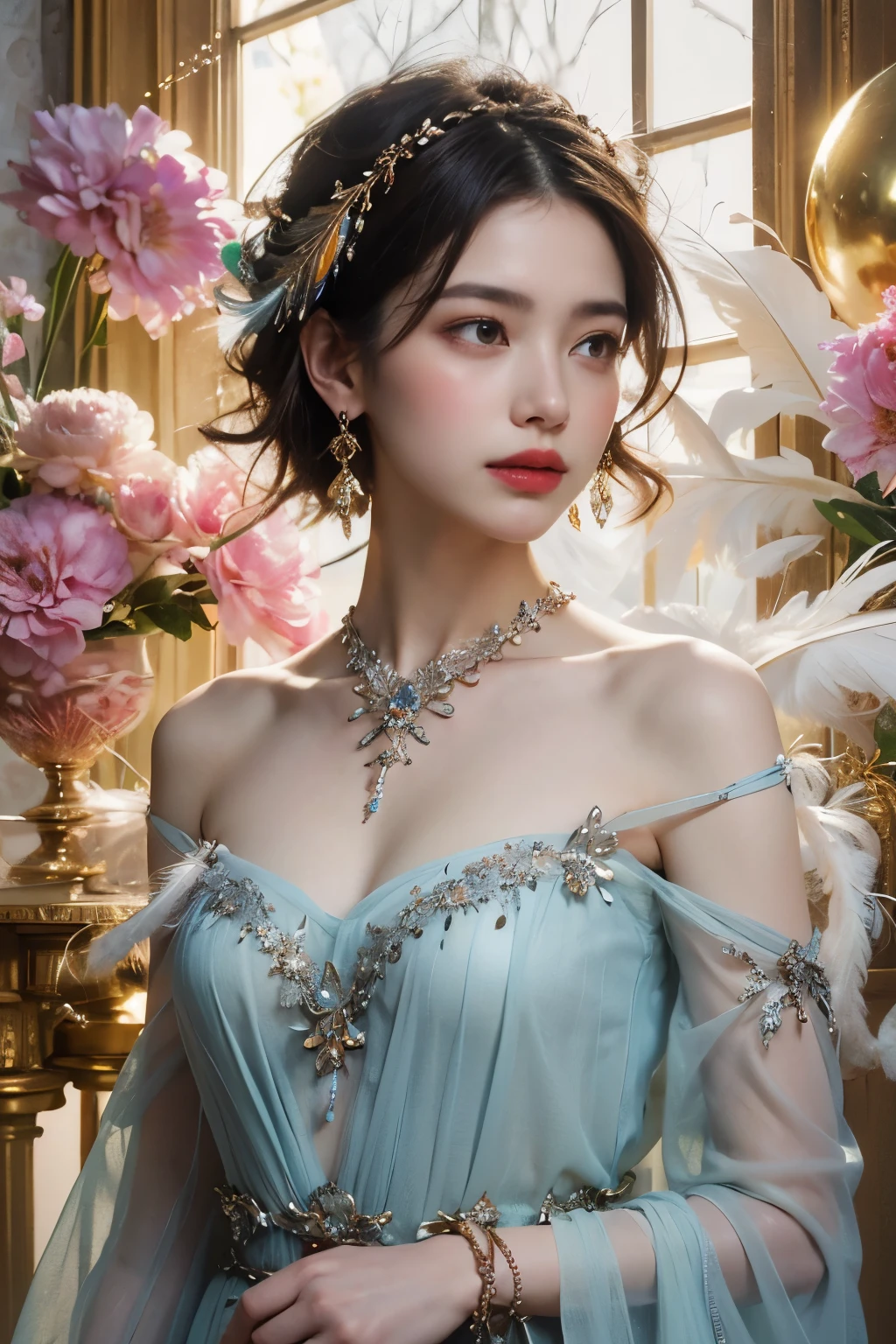 (Fashion Model)、Natural standing posture、bust、Beautiful Face、Beautiful hairstyle、short hair, Exposing shoulders、beautiful goddess,softly illuminated、colored feather, Very detailed, Translucent clothing,Standing in the space between celestial bodies,Sparkly dots、Ethereal、 (Earrings: 1.4), (feather: 1.4)、(Fractal Art: 1.1), (colorful: 1.1) (Flowers: 1.3), (metal ornaments)、 (masterpiece, Highest quality)、