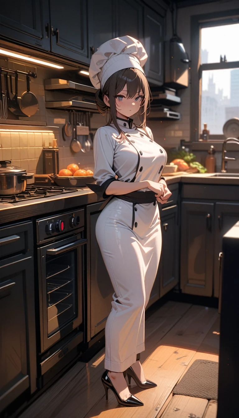 ((best quality)) , ((masterpiece)) , (detailed),1 female,(((Batman))),kitchen,Female chef,High heel,((whole body))