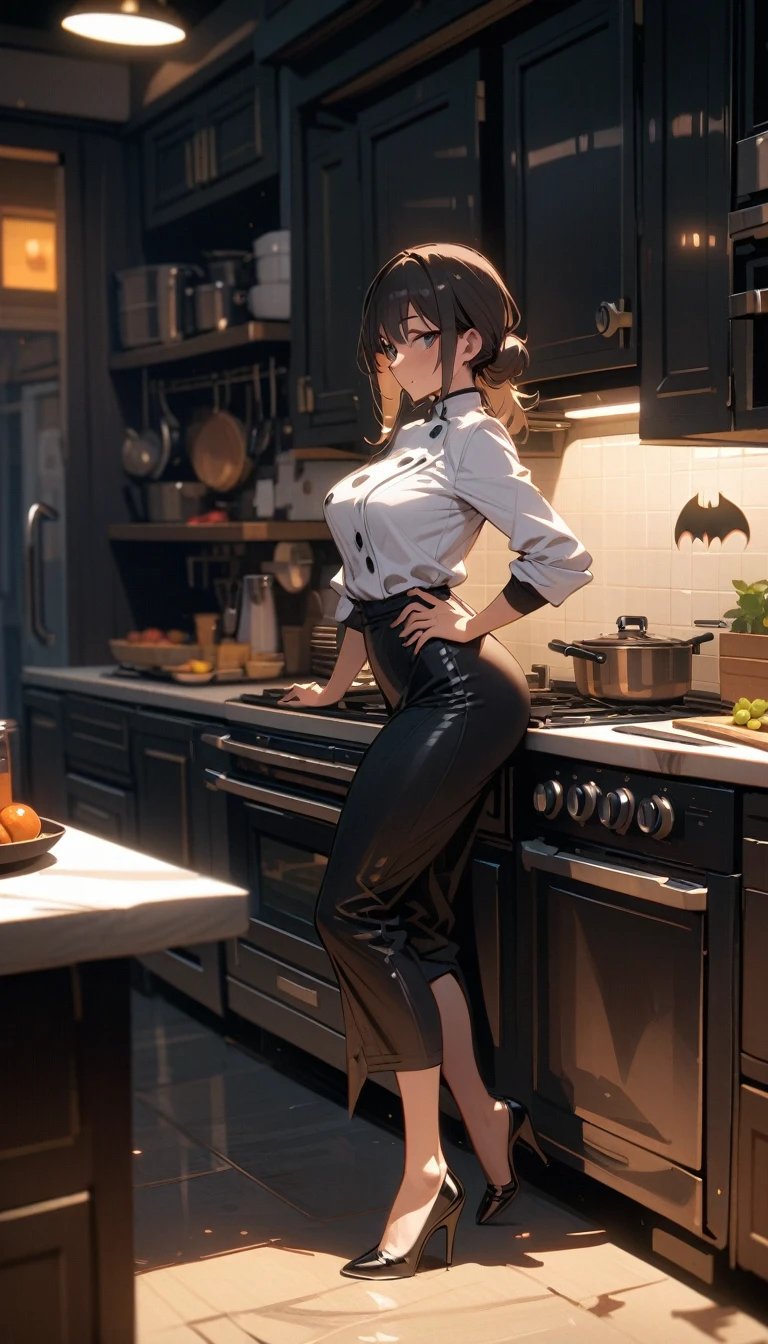 ((best quality)) , ((masterpiece)) , (detailed)，1 female，(((Batman)))，kitchen，Female chef，High heel，((whole body))