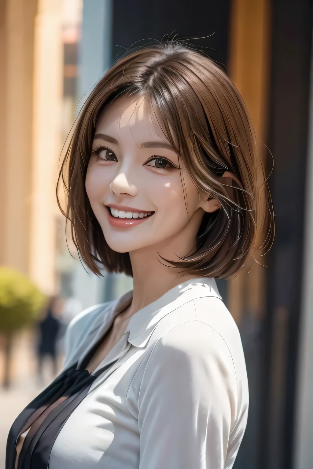 ((masterpiece)), ((Highest quality)), ((Complex)), ((Surreal)), (Realistic), (Mature Woman), ((No classes)), Very detailed, (1 female), Beautiful and exquisite, (Beautiful Teeth), Grin, Brunette bob hair, Brown eyes, ((blouse)), (Upper Body), (background:none), Perfect Eyes, Captivating eyes, Looking at the audience