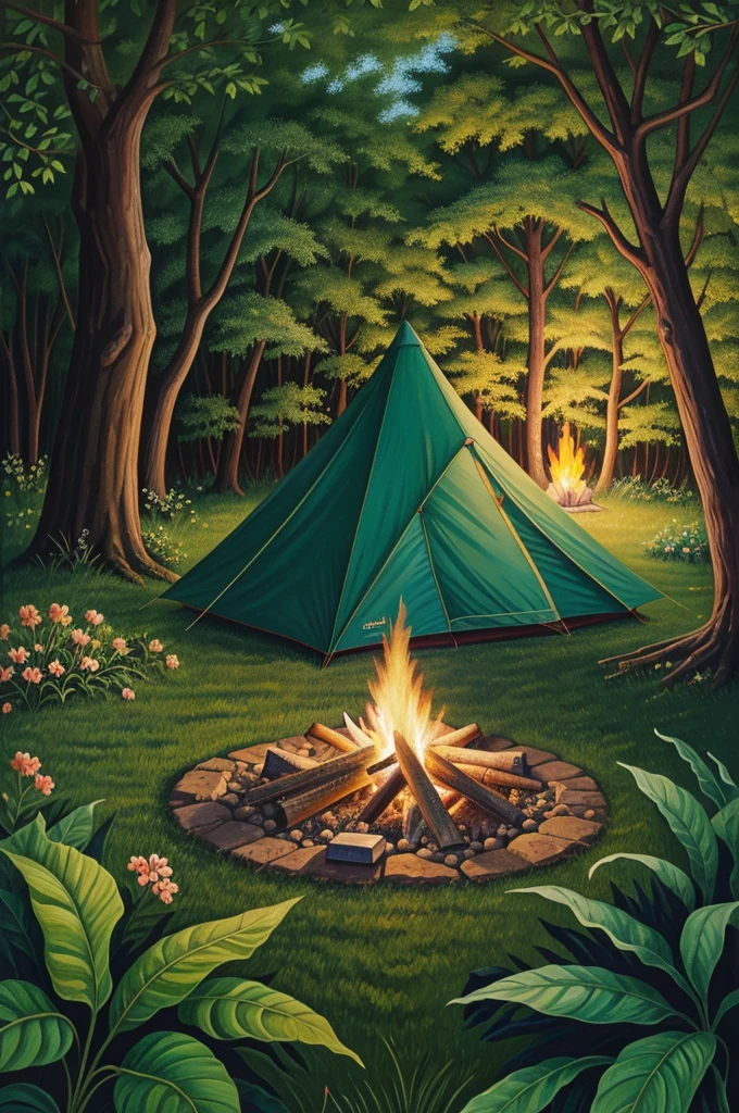 A gouache painting of a campfire and a tent with dense foliage and flowers nearby 