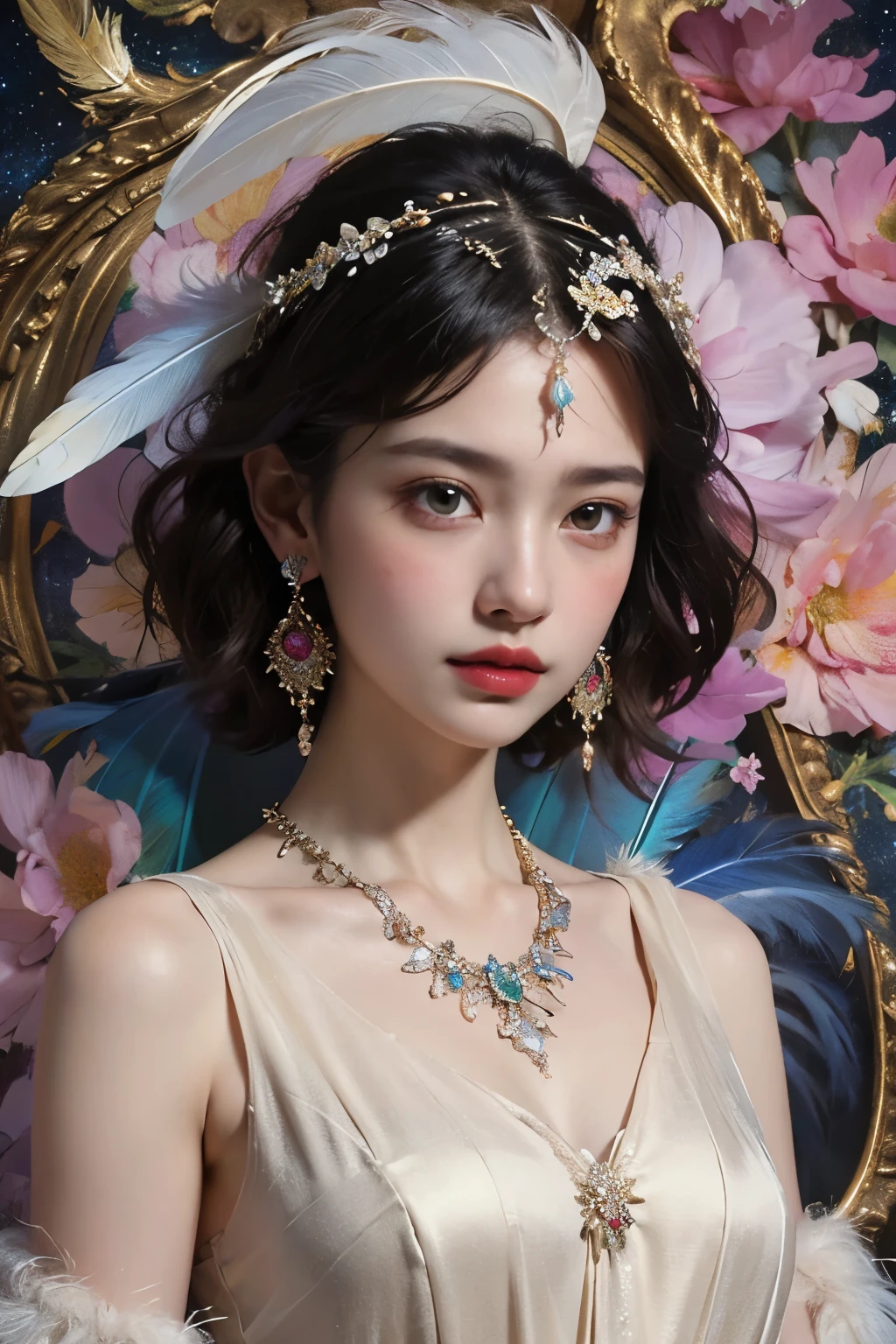 ,(Fashion Model)、Natural standing posture、bust、Beautiful Face、Beautiful hairstyle、short hair, Exposing shoulders、beautiful goddess,softly illuminated、colored feather, Very detailed, Translucent clothing,Standing in the space between celestial bodies,Sparkly dots、Ethereal、 (Earrings: 1.4), (feather: 1.4)、(Fractal Art: 1.1), (colorful: 1.1) (Flowers: 1.3), (metal ornaments)、 (masterpiece, Highest quality)、