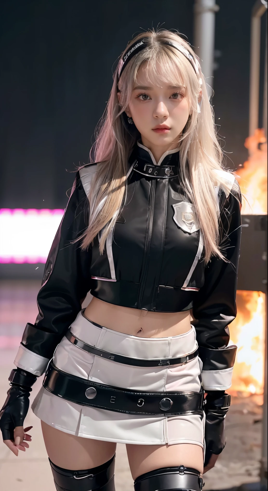 (Top Quality, Ultra High Definition, Photorealistic:1.4), (cowboy shot:1), 1 Beautiful Armed Girl, (Kpop Idol), Detailed Face, (Hair Style: long hair blonde:1, fullbang, shortbob-style:1), Contrapposto, Perfect Anatomy, ((wearing Futuristic Police Racing Suits, low-mini-skirt, police wappen, High-tech Headset, military harness, racing gloves, )), (Cloths colors based on silver pink black white), (background, crashed cars, fire, (Explosion)),