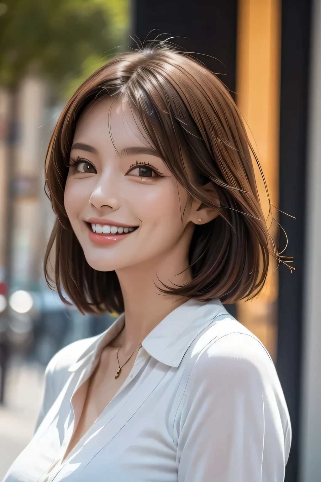 ((masterpiece)), ((Highest quality)), ((Complex)), ((Surreal)), (Realistic), (Mature Woman), ((No classes)), Very detailed, (1 female), Beautiful and exquisite, (Beautiful Teeth), Grin, Brunette bob hair, Brown eyes, ((blouse)), (Upper Body), (background:none), Perfect Eyes, Captivating eyes, Looking at the audience