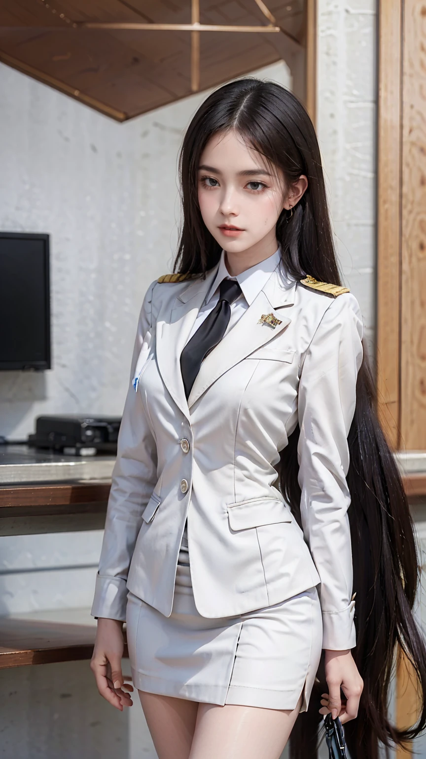 a portrait photo, beautiful face, All white outfit, military uniform, military rank insignia, business woman, beautiful woman, Wear a suit and tie, short skirt suit, business suitwhite, กระโปรงดินสอสั้นwhite, business suitรัดรูป, All white outfit, Emphasize the curves of the body, (Beautiful girl with two meter long hair, my hair is very long., extra long hair, black hair), business suit, (Italian style suit, two button suit), (Italian suit, white สูท, Set of two buttons), (wearing a women&#39;s suit, Business Women Suit, white), (สูทผู้หญิงwhite), (เสื้อเชิ้ตwhite), necktie, (necktieสั้นสีดำ, necktieสีดำ, necktieผอม, ถักnecktie), (military rank insignia), (Short pencil skirtwhite), (Dynamic posts), full body, (A gigantic rift), (big breasts, thin body, small waist, hips raised, small thighs, Long legs), high-heelsสีดำ, (Short pencil skirt, white), Wearing a suit for a business woman, (Wearing a white businesสูท, business suitหญิงwhite), (tight, military regalia, เสื้อwhite, กระโปรงwhite), Long legs, (black shoes), (Form fitting suit, เสื้อสูทwhiteทรงธรรมดารัดรูป), (black shoes, high-heels), (stand, walk, elegant gesture, Dynamic posts), short dress, earring, Slick legs, black shoes, Modeling,