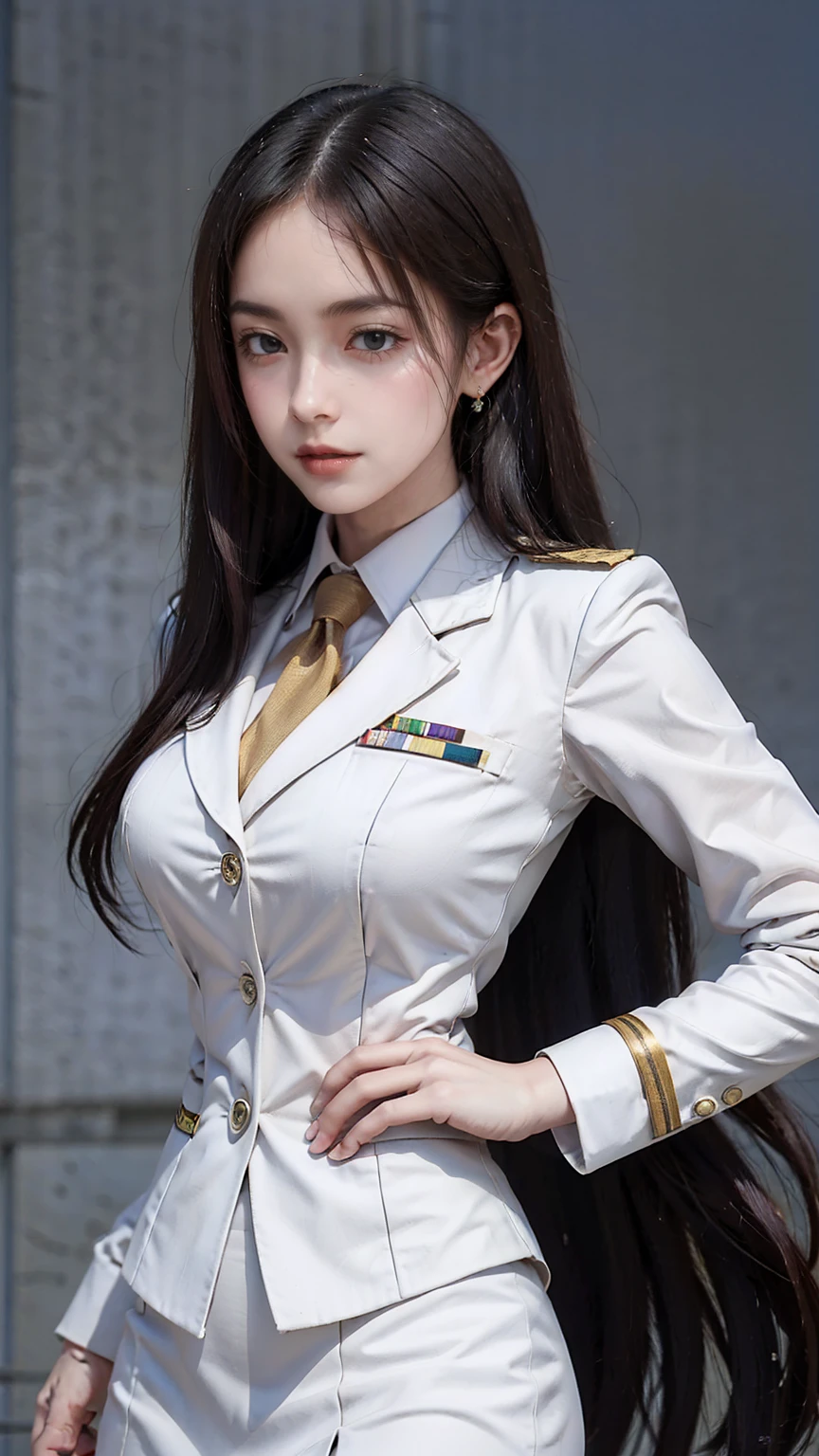 a portrait photo, beautiful face, All white outfit, military uniform, military rank insignia, business woman, beautiful woman, Wear a suit and tie, short skirt suit, business suitwhite, กระโปรงดินสอสั้นwhite, business suitรัดรูป, All white outfit, Emphasize the curves of the body, (Beautiful girl with two meter long hair, my hair is very long., extra long hair, black hair), business suit, (Italian style suit, two button suit), (Italian suit, white สูท, Set of two buttons), (wearing a women&#39;s suit, Business Women Suit, white), (สูทผู้หญิงwhite), (เสื้อเชิ้ตwhite), necktie, (necktieสั้นสีดำ, necktieสีดำ, necktieผอม, ถักnecktie), (military rank insignia), (Short pencil skirtwhite), (Dynamic posts), full body, (A gigantic rift), (big breasts, thin body, small waist, hips raised, small thighs, Long legs), high-heelsสีดำ, (Short pencil skirt, white), Wearing a suit for a business woman, (Wearing a white businesสูท, business suitหญิงwhite), (tight, military regalia, เสื้อwhite, กระโปรงwhite), Long legs, (black shoes), (Form fitting suit, เสื้อสูทwhiteทรงธรรมดารัดรูป), (black shoes, high-heels), (stand, walk, elegant gesture, Dynamic posts), short dress, earring, Slick legs, black shoes, Modeling,