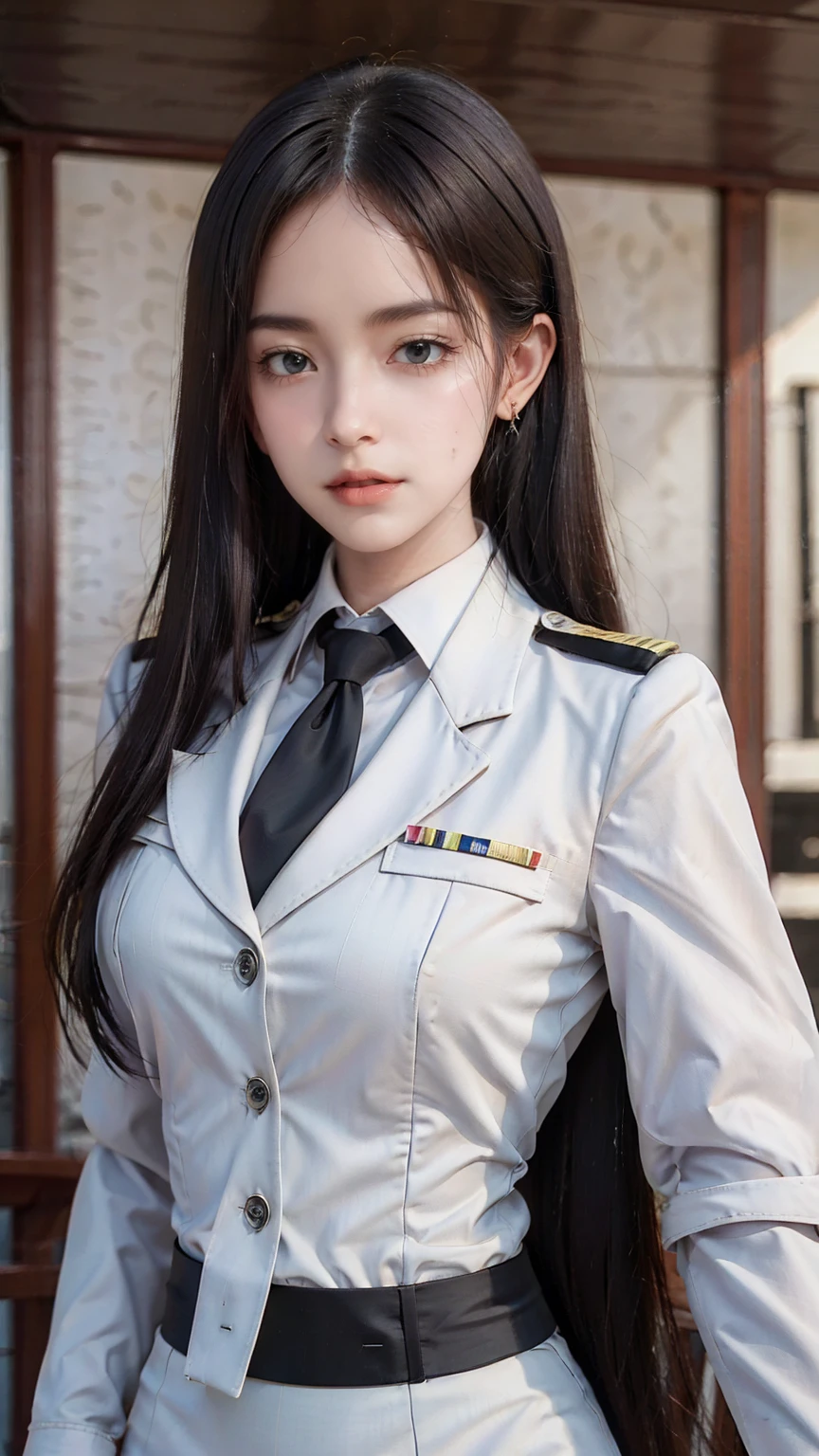 a portrait photo, beautiful face, All white outfit, military uniform, military rank insignia, business woman, beautiful woman, Wear a suit and tie, short skirt suit, business suitwhite, กระโปรงดินสอสั้นwhite, business suitรัดรูป, All white outfit, Emphasize the curves of the body, (Beautiful girl with two meter long hair, my hair is very long., extra long hair, black hair), business suit, (Italian style suit, two button suit), (Italian suit, white สูท, Set of two buttons), (wearing a women&#39;s suit, Business Women Suit, white), (สูทผู้หญิงwhite), (เสื้อเชิ้ตwhite), necktie, (necktieสั้นสีดำ, necktieสีดำ, necktieผอม, ถักnecktie), (military rank insignia), (Short pencil skirtwhite), (Dynamic posts), full body, (A gigantic rift), (big breasts, thin body, small waist, hips raised, small thighs, Long legs), high-heelsสีดำ, (Short pencil skirt, white), Wearing a suit for a business woman, (Wearing a white businesสูท, business suitหญิงwhite), (tight, military regalia, เสื้อwhite, กระโปรงwhite), Long legs, (black shoes), (Form fitting suit, เสื้อสูทwhiteทรงธรรมดารัดรูป), (black shoes, high-heels), (stand, walk, elegant gesture, Dynamic posts), short dress, earring, Slick legs, black shoes, Modeling,