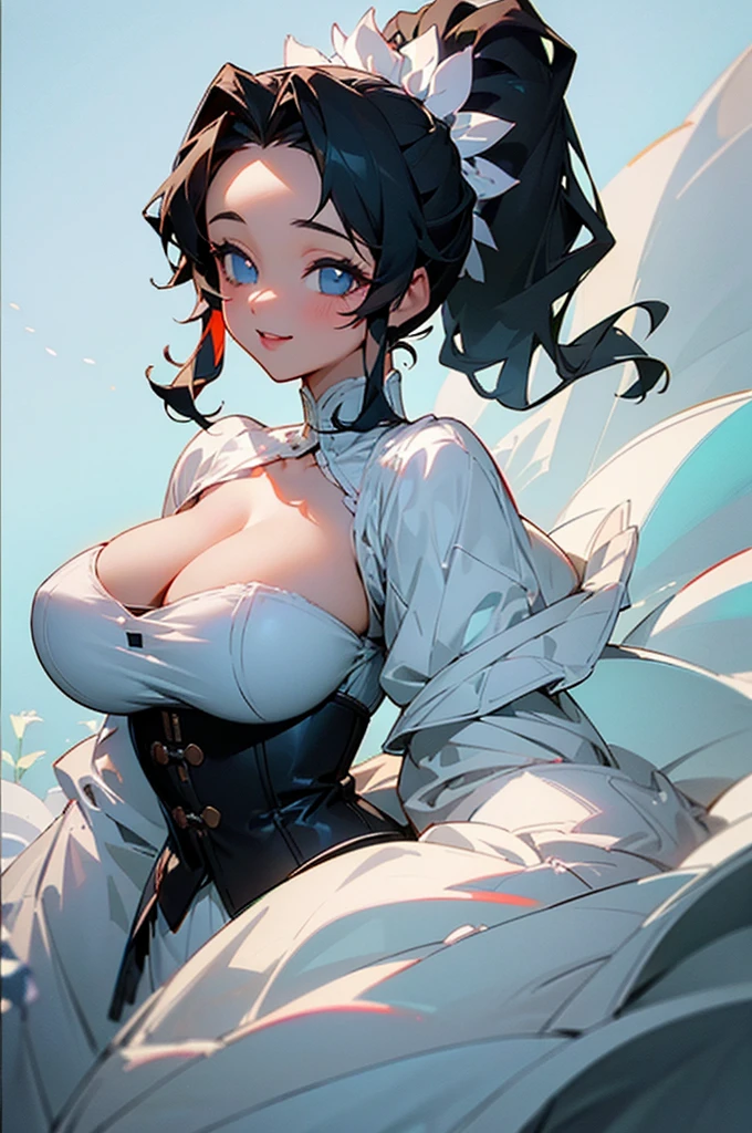 (masterpiece, Highest quality:1.1), looking at the camera、Smiling、Black Hair、High Ponytail, Sexy Bride, Huge breasts, Cleavage、(((Big Breasts：1.888)))，White clothes，White Wedding Dress，corset、White Art，Surrounded by flowers，Upper Body，