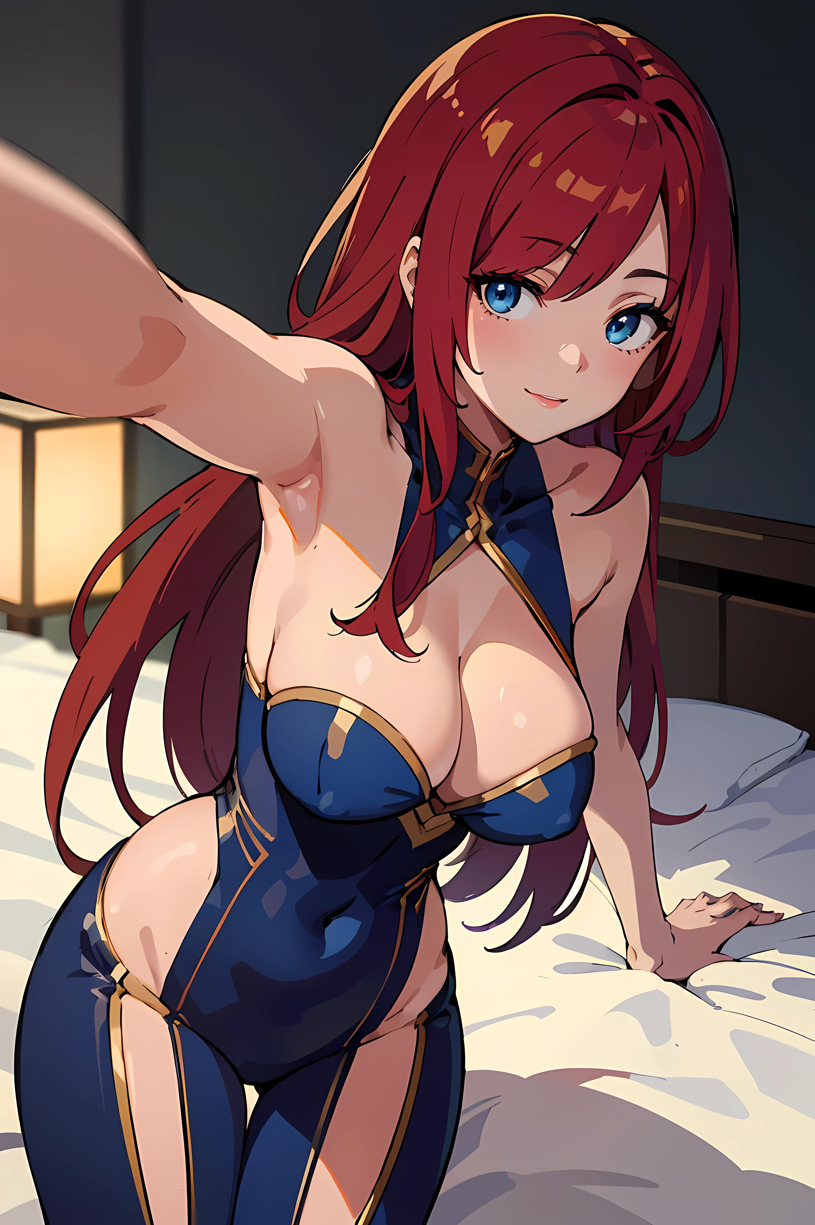 masterpiece, best quality, highly detailed background, perfect lighting, best quality, (extremely detailed face), volumetric lighting, intricate details, shadow, tonemapping, sharp focus, hyper detailed, trending on Artstation, (solo) ((Looking at the viewer)) (long red hair) (Hair over face) (only one eye visible) (curvy) (Big breasts) ((Blue eyes)) ((human)) (sexy pose) (in a bed) (smile) (With het arm stretched out as if taking a selfie)