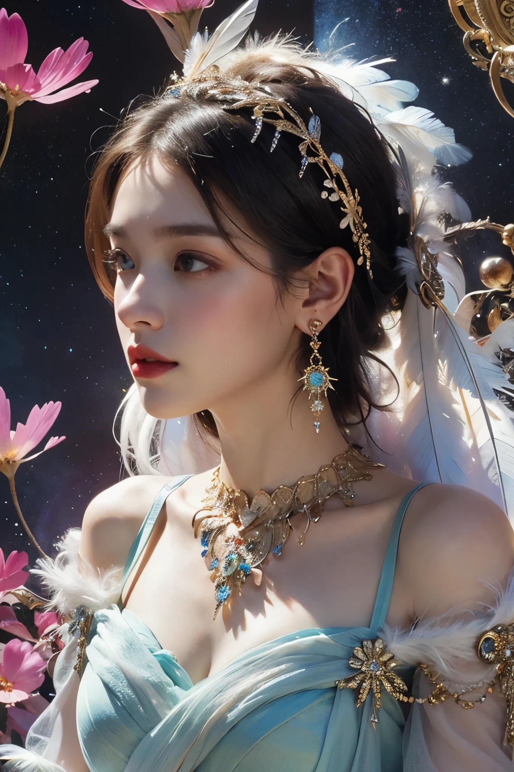 ,(Fashion Model)、Natural standing posture、bust、Beautiful Face、Beautiful hairstyle、short hair, Exposing shoulders、beautiful goddess,softly illuminated、colored feather, Very detailed, Translucent clothing,Standing in the space between celestial bodies,Sparkly dots、Ethereal、 (Earrings: 1.4), (feather: 1.4)、(Fractal Art: 1.1), (colorful: 1.1) (Flowers: 1.3), (metal ornaments)、 (masterpiece, Highest quality)、