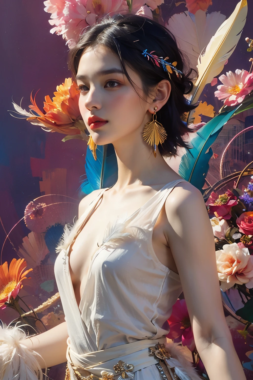 (Fashion Model)、Natural standing posture、bust、Beautiful Face、Beautiful hairstyle、short hair, Small breasts, Exposing shoulders, particle, Light, (masterpiece, Highest quality, Official Art, beautifully、aesthetic: 1.2), Very detailed, (Fractal Art: 1.1), (colorful: 1.1) (Flowers: 1.3), Best details, (Tangled: 1.2), (Dynamic pose), (Abstract background: 1.3) , (Glowing Skin), (Many colors: 1.4), (Earrings: 1.4), (feather: 1.4)