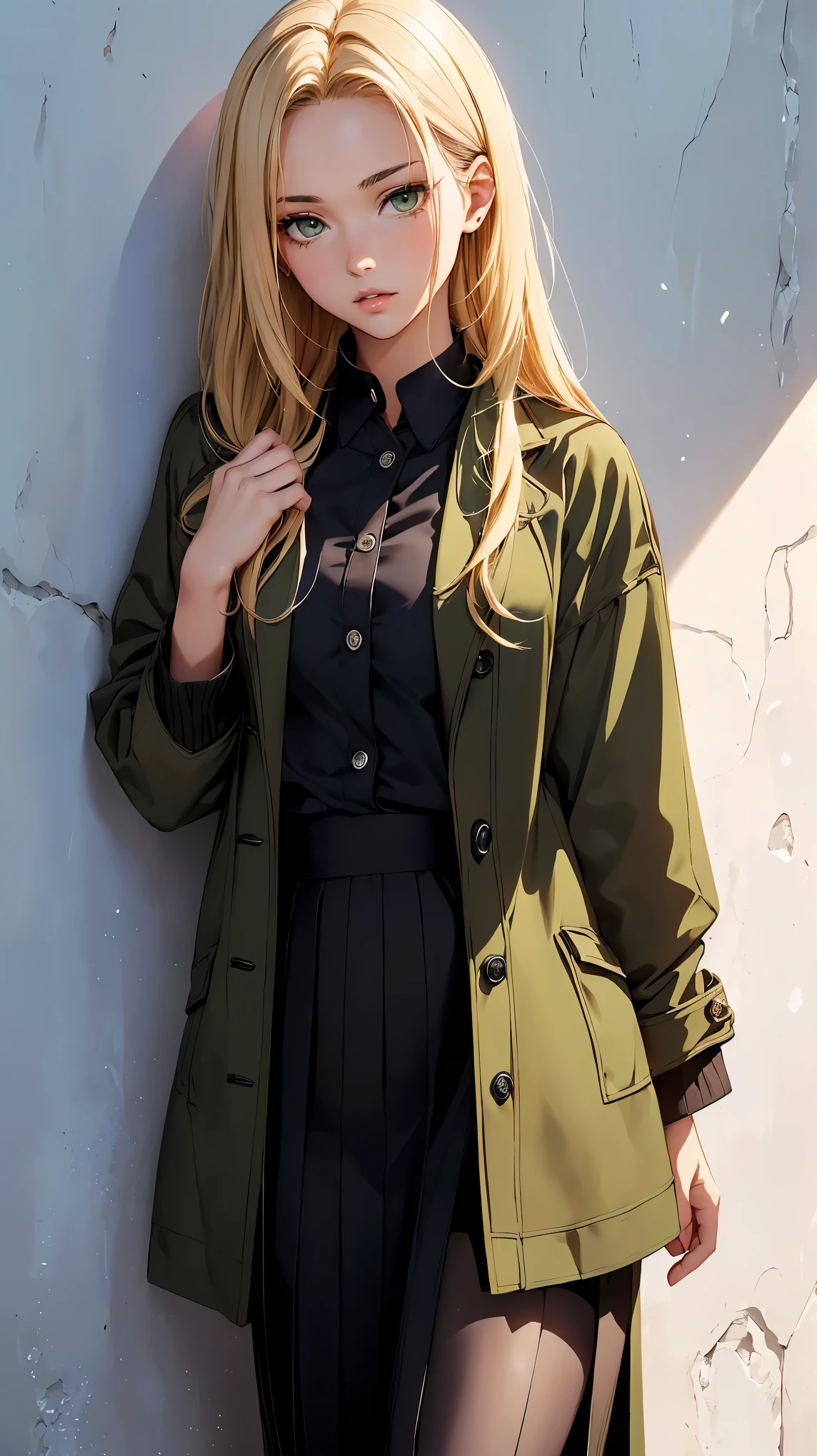 (Highest quality:1.24, Very detailed, Anime Style, Attention to detail, masterpiece:1.2, Highest quality, Best aesthetics), (((1 girl))), JK, Fashion Model, ((Olive green long coat:1.2, Black innerwear, Long skirt)), Open your mouth:1.2, (Blonde, Straight Hair, Cowboy Shot, Front view, Random Pause, Friendly atmosphere, Shiny Hair, Beautiful Skin, Detailed face and eyes, Glossy Lips, Slender body, White wall, Leaning against a wall, Light and shadow with attention to detail, Background Blur.
