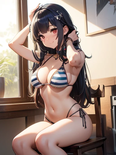 Highest quality ultra-detailed CG art、Brown Skin、Bikini with vertical stripes：１.２）、room、Dark blue hair、Shiny Hair、Smooth Hair、Big Red Eyes,Midsummer、Delicate body、Large breastedium Hair、he is short、simple、hairpin、smile、he is short、Wink、Relaxed atmosphere、A cheerful and popular girl、Cheerful girl、Tying up hair、Beautiful legs、Screw hair、Modeled