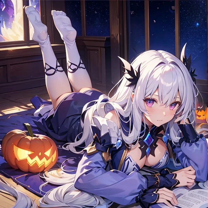 Fairy Knight Lancelot (Fate), 1 female, solo, long hair, breasts, looking at viewer, bangs, underwear, tail, white hair, mask, top-down bottom-up, flexible, body markings, armrest, Jack-o-challenge, hands on ground, butt facing viewer