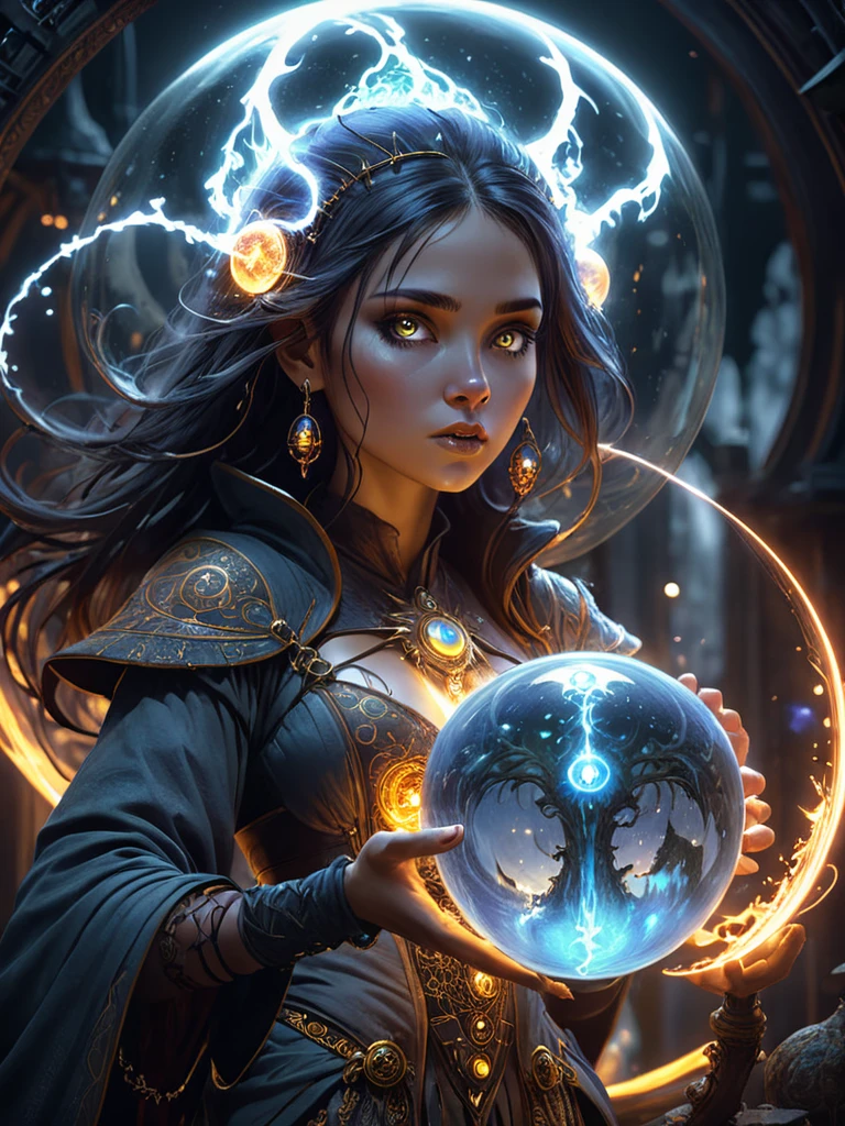 breathtaking illustration in the style of gris grimly and clive barker and lars grant-west,sparks fear and imagination in the viewer,masterpiece,intricately detailed,awe inspiring,a young female wizard holding a sphere of magical energy,, Ultra-HD-details, glow effects, godrays, Hand drawn, render, 8k, octane render, cinema 4d, blender, dark, atmospheric 4k ultra detailed, cinematic, Sharp focus, big depth of field, Masterpiece, colors, 3d octane render, 4k, concept art, trending on artstation, hyperrealistic, Vivid colors, extremely detailed CG unity 8k wallpaper, trending on CGSociety, Intricate, High Detail, dramatic