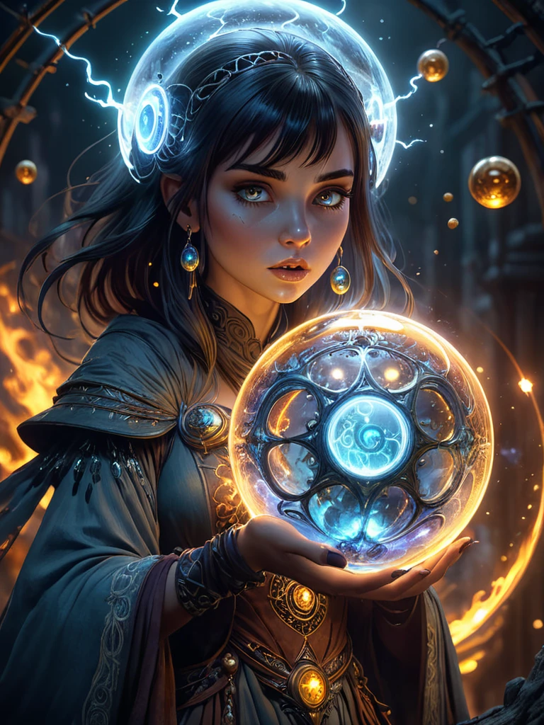 breathtaking illustration in the style of gris grimly and clive barker and lars grant-west,sparks fear and imagination in the viewer,masterpiece,intricately detailed,awe inspiring,a young female wizard holding a sphere of magical energy,, Ultra-HD-details, glow effects, godrays, Hand drawn, render, 8k, octane render, cinema 4d, blender, dark, atmospheric 4k ultra detailed, cinematic, Sharp focus, big depth of field, Masterpiece, colors, 3d octane render, 4k, concept art, trending on artstation, hyperrealistic, Vivid colors, extremely detailed CG unity 8k wallpaper, trending on CGSociety, Intricate, High Detail, dramatic