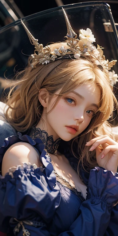 (masterpiece: 1.2, Portraiture, Highest quality), Realistic, (Live Action, Intricate details, Written boundary depth), Highest quality, masterpiece, Attention to detail, semi-Realistic, sleeping in bed, shy, 21 years old, Short Blonde, Hair in the left eye, blue eyes, Royal dress, Slim figure、Canopy bed、 sleeping beauty,