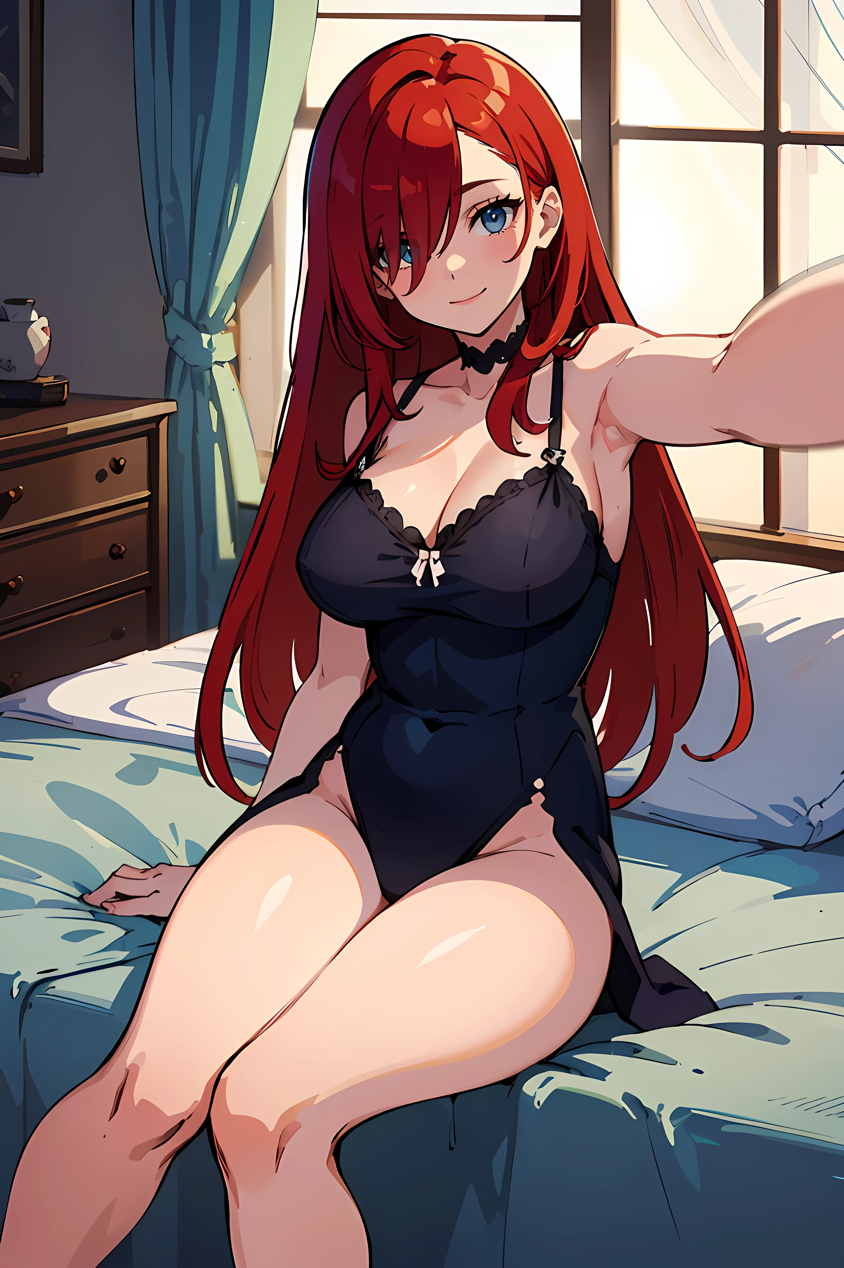 masterpiece, best quality, highly detailed background, perfect lighting, best quality, (extremely detailed face), volumetric lighting, intricate details, shadow, tonemapping, sharp focus, hyper detailed, trending on Artstation, (solo) ((Looking at the viewer)) (long red hair) (Hair over face) (only one eye visible) (curvy) (Big breasts) (transparent clothes) (doll) ((Blue eyes)) ((human)) (sexy pose) (in a bed) (smile) (With het arm stretched out as if taking a selfie)