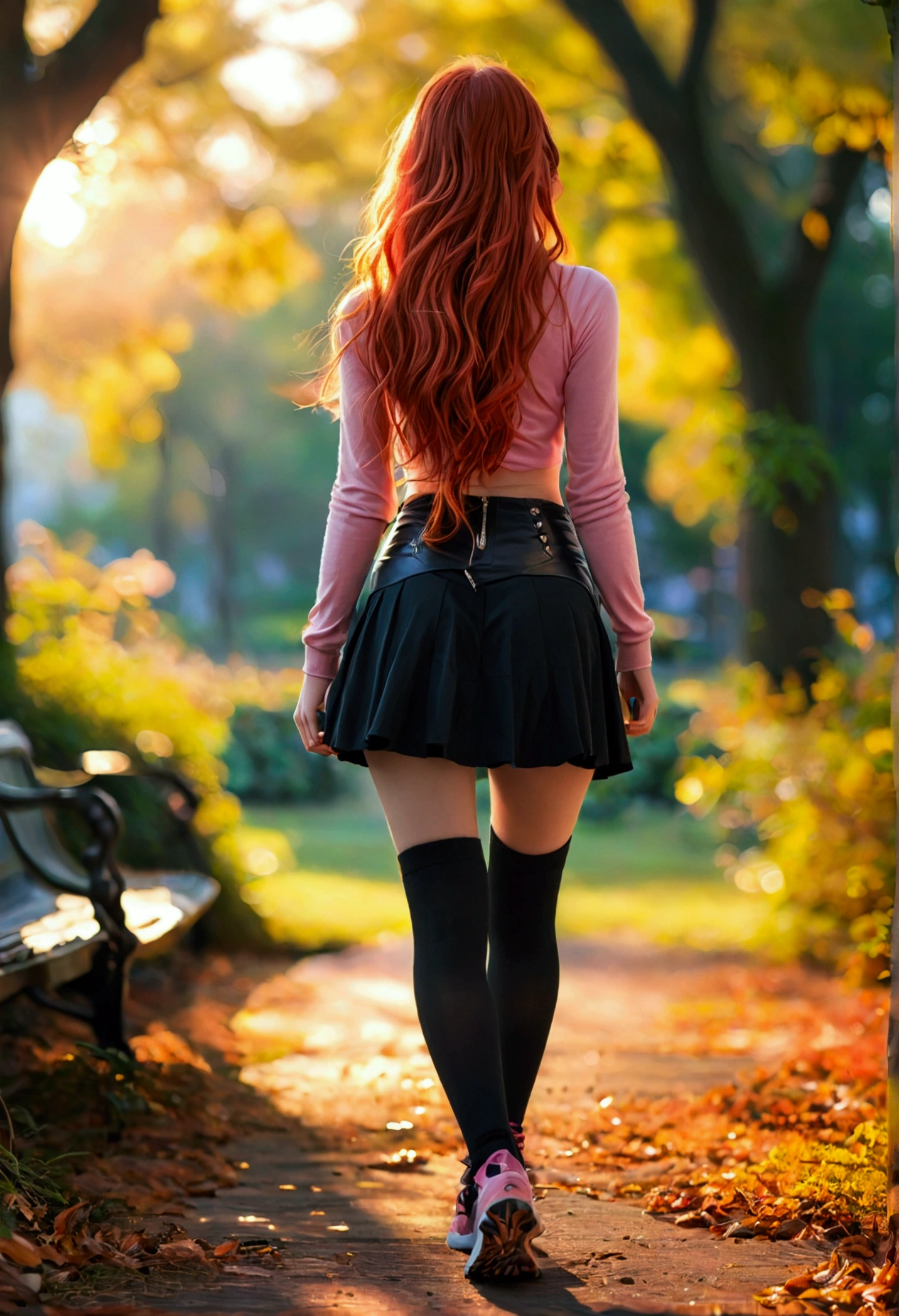 ultra realistic, photography, long straight red hair, girl, 24 years old, hourglass figure, perfect body, small breasts, Flirty look, extremely detailed artgerm, in the style artgerm, facing the camera, lens 35 mm, blur background, walking through the park at dawn, wearing a pink top, a black short skirt, thigh socks and sneakers,