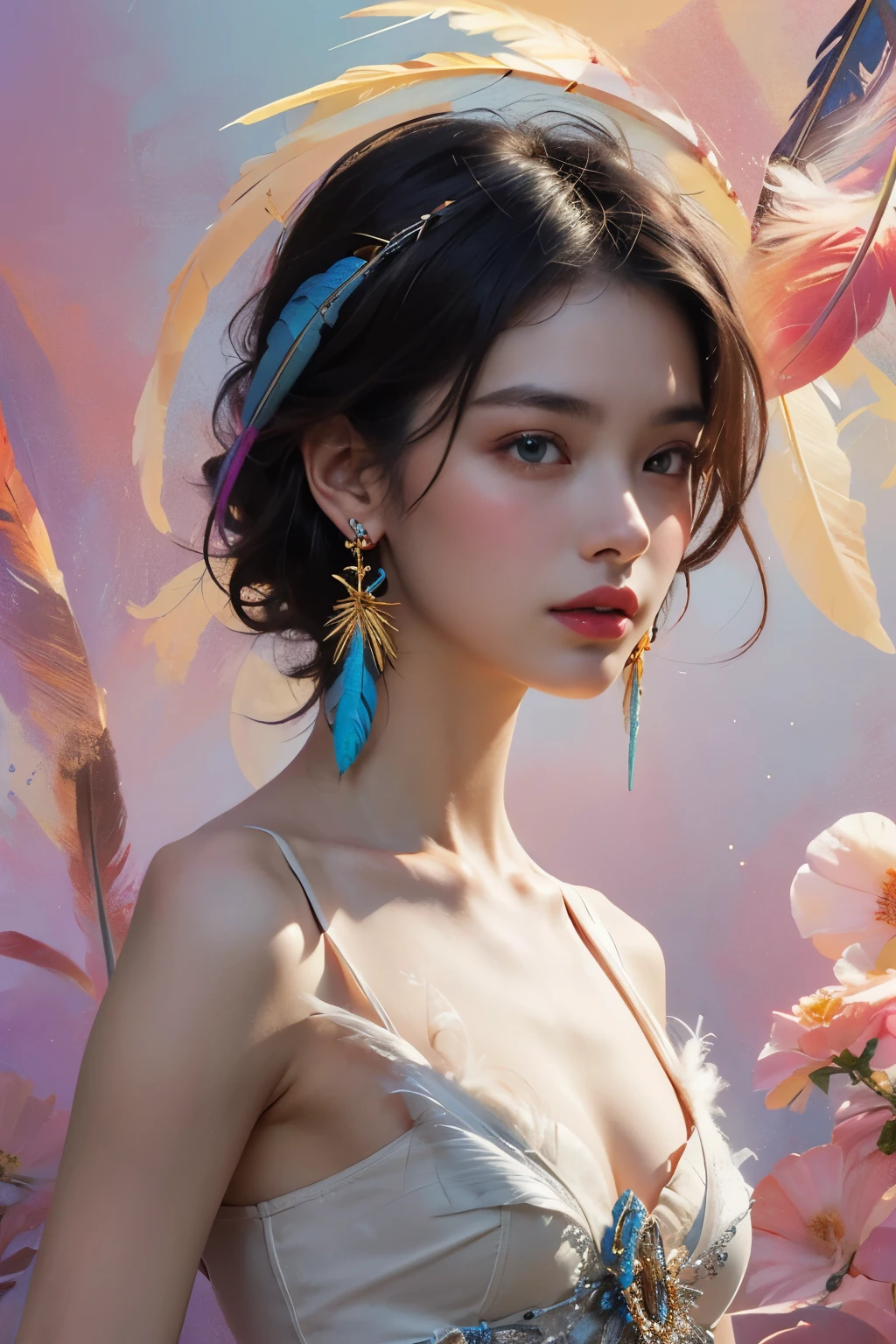 (Fashion Model)、Natural standing posture、bust、Beautiful Face、Beautiful hairstyle、short hair, Small breasts, Exposing shoulders, particle, Light, (masterpiece, Highest quality, Official Art, beautifully、aesthetic: 1.2), Very detailed, (Fractal Art: 1.1), (colorful: 1.1) (Flowers: 1.3), Best details, (Tangled: 1.2), (Dynamic pose), (Abstract background: 1.3) , (Glowing Skin), (Many colors: 1.4), (Earrings: 1.4), (feather: 1.4)