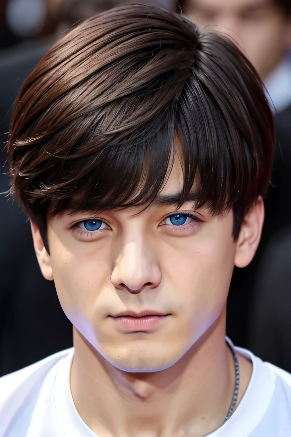 Jeon Jungkook — blach hair and blue eyes. Serious expression. 
