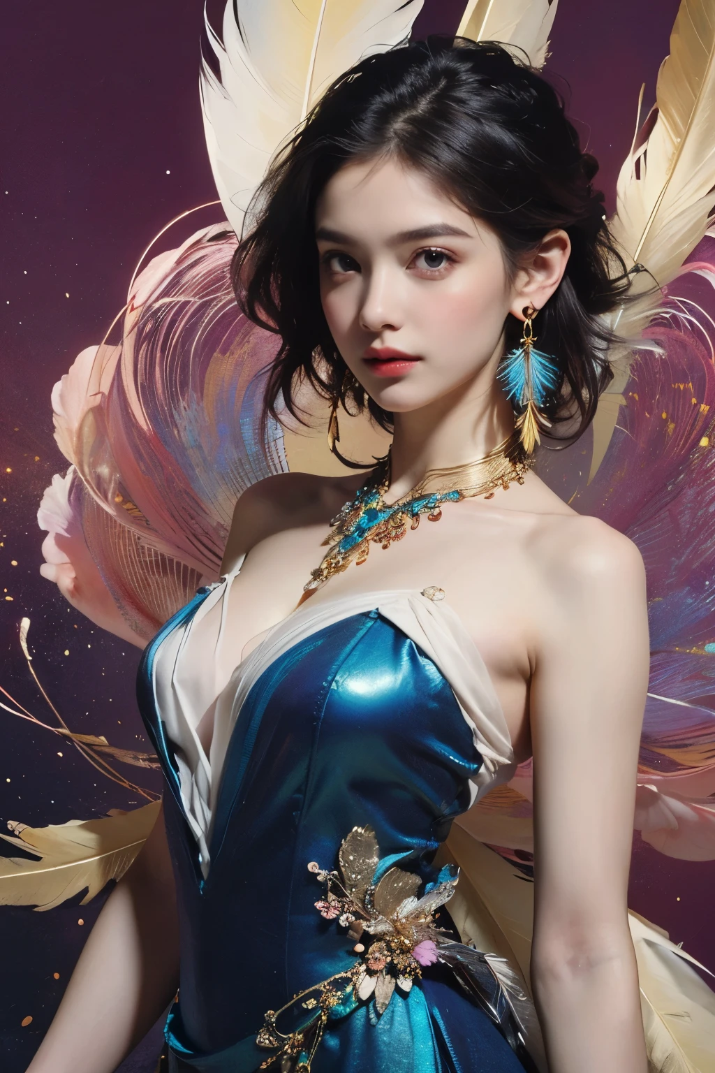 (Fashion Model)、Natural standing posture、bust、Beautiful Face、Beautiful hairstyle、short hair, Small breasts, Exposing shoulders, particle, Light, (masterpiece, Highest quality, Official Art, beautifully、aesthetic: 1.2), Very detailed, (Fractal Art: 1.1), (colorful: 1.1) (Flowers: 1.3), Best details, (Tangled: 1.2), (Dynamic pose), (Abstract background: 1.3) , (Glowing Skin), (Many colors: 1.4), (Earrings: 1.4), (feather: 1.4)