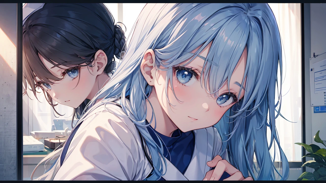 nursing aide,one girl,solo,blue or white scrubs,not wearing a hat or cap, frame it up to the top of the head, The top of my head doesn't come out of the frame,Facing forward.