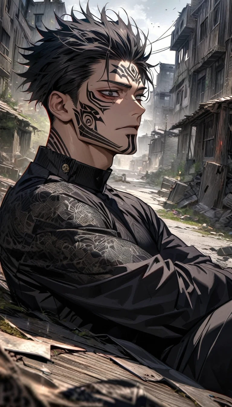 Ultra detailed, HDR, Highres, absurdres, master piece, Ryomen Sukuna, expressive Black eyes, black hair, dark tattoo under the eyes, Jujutsu Kaisen, black suit with patterns, black tight shirt, white smoke, abandoned town, sexy man, solo, extremely detailed face and eyes, extremely handsome, glittering
