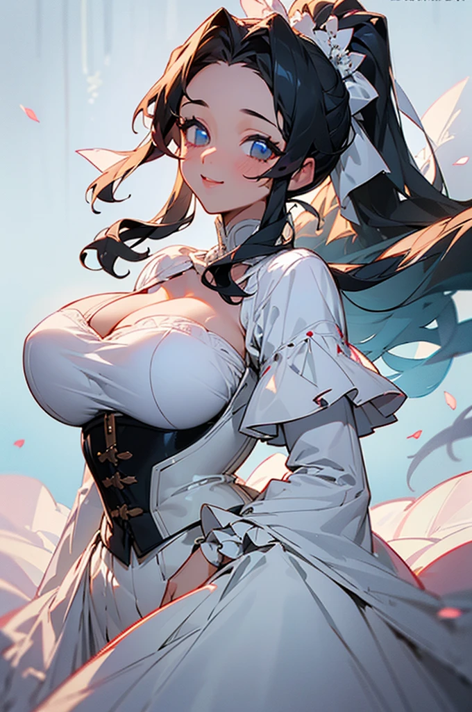 (masterpiece, Highest quality:1.1), looking at the camera、Smiling、Black Hair、High Ponytail, Sexy Bride, Huge breasts, Cleavage、(((Big Breasts：1.888)))，White clothes，White Wedding Dress，corset、White Art，Surrounded by flowers，Upper Body，