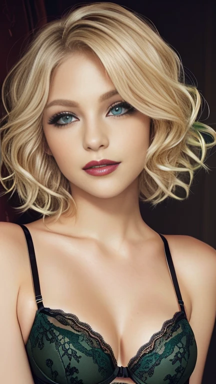 blond woman with short wavy hair, ((wearing black lingerie)), posing for a picture, blonde short wavy hair, short blonde hair, short blond hair, short blond hair, blonde and attractive features, blond bob haircut, a gorgeous blonde, medium short hair, short curly blonde haired girl, with short hair, a girl with blonde hair, short wavy blonde hair with bangs. ((Deep green eyes, extremely long eyelashes)). Make-up. Kelly Von East. EDGBODYL. Wearing edgbodyl lingerie