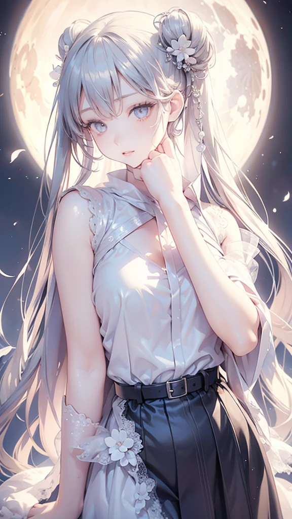 masterpiece, Best night, full moon, 一人のwoman, 成熟したwoman ,Cold Face, Expressionless, silvery white, Long Hair, woman, (Very delicate and beautiful face), (Beautiful eyes in every detail), Pale pink lips, calm, intellectual, Three Belts, Grey Eyes, Flowers,