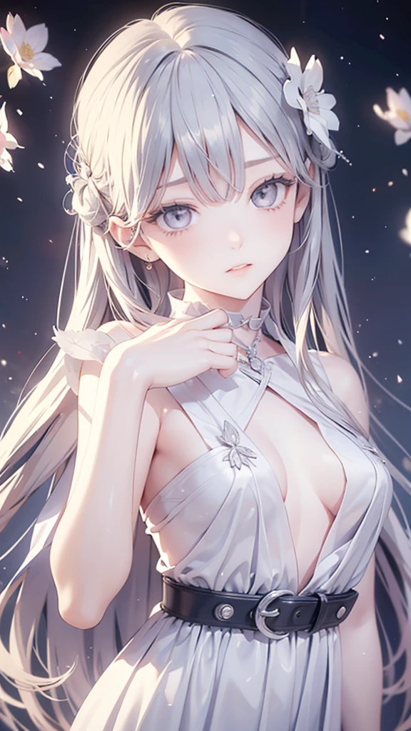 masterpiece, Best night, full moon, 一人のwoman, 成熟したwoman ,Cold Face, Expressionless, silvery white, Long Hair, woman, (Very delicate and beautiful face), (Beautiful eyes in every detail), Pale pink lips, calm, intellectual, Three Belts, Grey Eyes, Flowers,