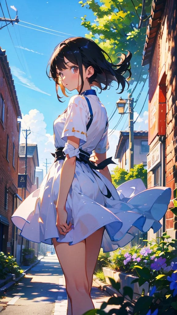 My hair swayed in the wind、A girl with black hair、Facing forward,Looking at me,Shining,輝く青い光