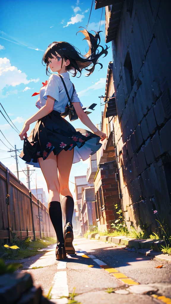 My hair swayed in the wind、A girl with black hair、Facing forward,Looking at me,Shining,輝く青い光
