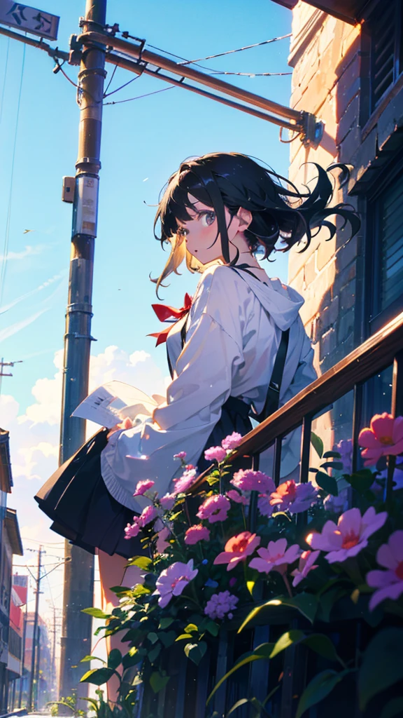 My hair swayed in the wind、A girl with black hair、Facing forward,Looking at me,Shining,輝く青い光