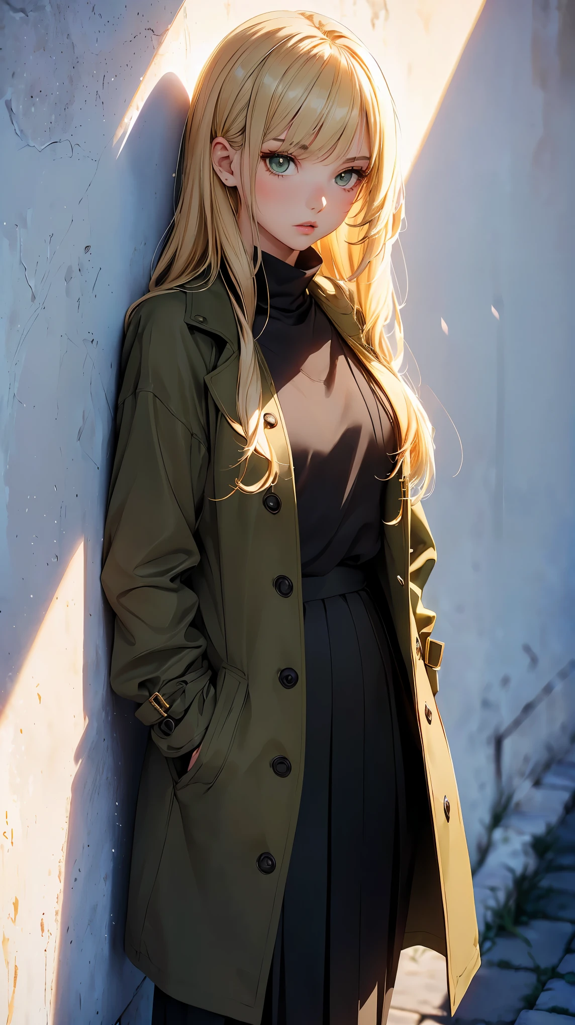 (Highest quality:1.24, Very detailed, Anime Style, Attention to detail, masterpiece:1.2, Highest quality, Best aesthetics), (((1 girl))), JK, Fashion Model, ((Olive green long coat:1.2, Black innerwear, Long skirt)), Open your mouth:1.2, (Blonde, Straight Hair, Cowboy Shot, Front view, Random Pause, Friendly atmosphere, Shiny Hair, Beautiful Skin, Detailed face and eyes, Glossy Lips, Slender body, White wall, Leaning against a wall, Light and shadow with attention to detail, Background Blur.