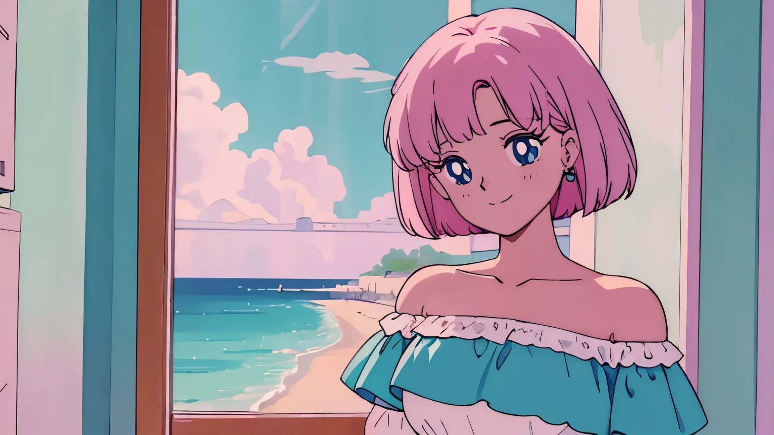 Highest quality,smile,girl,cute,Short Bob Hair,Pink Hair,Light blue eyes,Off-the-shoulder tops,mini skirt,Looking up,Background: A window with a view of the ocean,