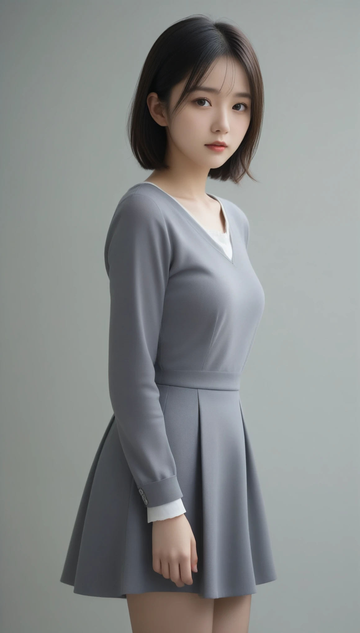 8k, Ultra-high resolution, Highest quality, masterpiece, 三分割法によるphotograph,Surreal, photograph, 1 Girl, (16 years old:1.3), pretty girl, Cute Face, Beautiful eyes in every detail, 細かくdetailedに,masterpiece,One Girl:1.2,Japan Female Teachers,full body,sad,streaming tears,Black short hair,Messy bun hair,(black suit:1.3),Nun's clothing,Black Pencil Skirt,Standing with slightly open legs,(印象派の美しい少女のPortraiture), (Gray background:1.3),(Impressionist light and colour),Dedication to God,Black Stockings,Stiletto pumps,Realistic Skin, Perfect and beautiful face ,完璧でCute Face, Skin with attention to detail, Perfect limbs、Narrow waist,Looking at the audience、beauty,Long neck,clavicle,(((Ideal body type))),A cup small breasts :2,Portraiture:2,Perfect ???????,鮮明なdetailed,detailed,Surreal,Light and shadow,spotlight
