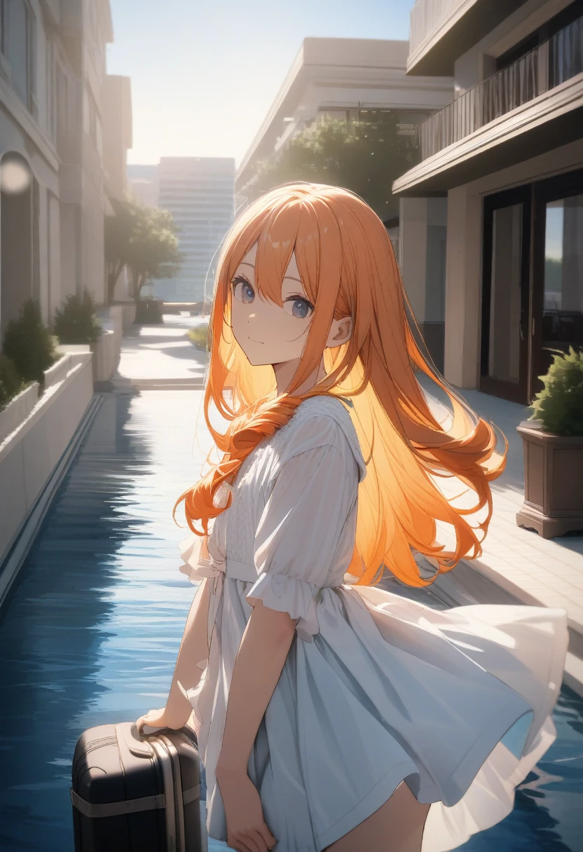 One 15-year-old girl, (Orange hair color,Inner color hairstyle), Beautiful Hair, Facial Contour, Remember, , Hotel, splash, Lens flare, noon, bright, Natural Color, High resolution, Very delicate, Very detailed, 8k,(((((Sexual))))),The bra is slightly visible through the gap in the clothes.
