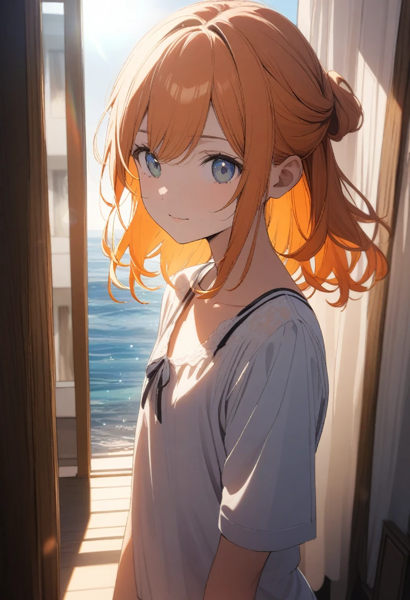 One 15-year-old girl, (Orange hair color,Inner color hairstyle), Beautiful Hair, Facial Contour, Remember, , Hotel, splash, Lens flare, noon, bright, Natural Color, High resolution, Very delicate, Very detailed, 8k,(((((Sexual))))),The bra is slightly visible through the gap in the clothes.
