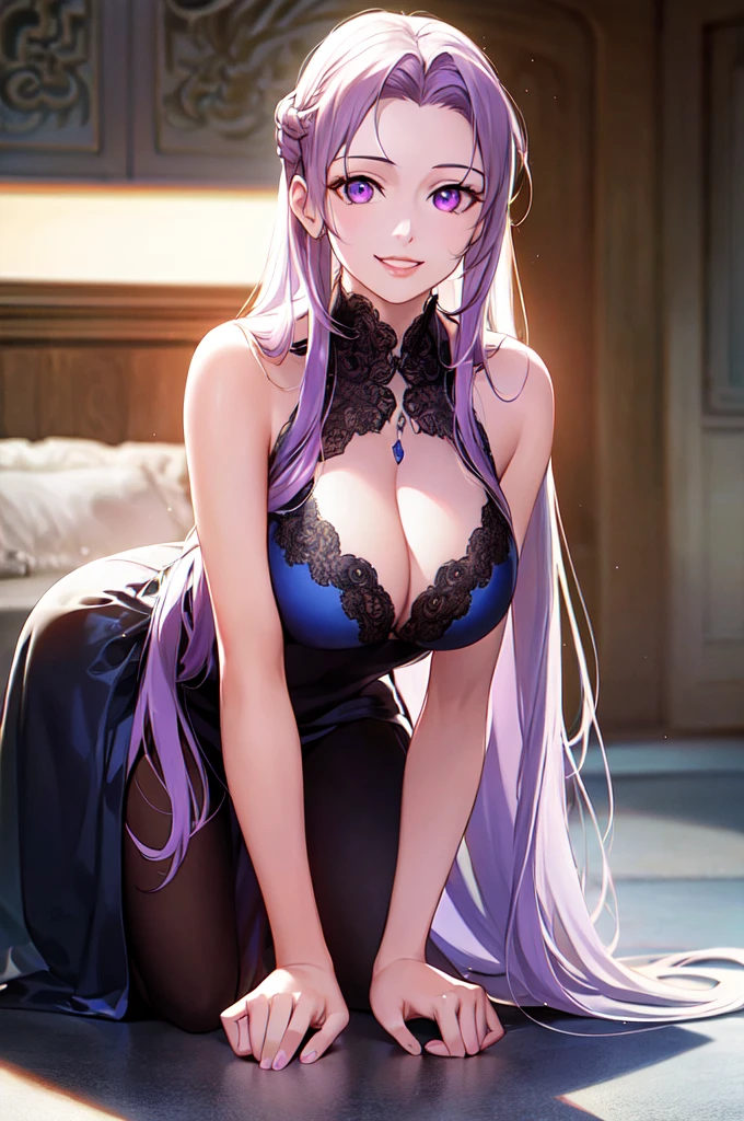 {{{Sword Art Online, Manager:1.9}}}, 8k, Best Quality, Super detailed, It is high resolution., Highly detailed CG, Clear, Best aesthetic, Great shading, (Photorealistic:1.3), High contrast, Ultra-thin illustration, Shrinkage rate, Beautiful detailed eyes, Beautiful detailed skin, Realistic skin, Beautiful detailed hand, Beautiful detailed fingers, Beautiful detailed hair, Detailed hair, Beautifully detailed ears, Beautiful Detail Lip, Professional Lighting, Beautiful detailed backgrounds, Very realistic backgrounds, 1 Girl, Solo, Age 25, Beautiful woman, (((Very long hair, Very thin lilac hair, Hair that grows to the chest))), (Forehead), ((Light purple eyes)), ((Hollow eyes)), (beautiful detailed dress with many frills), Movement angle,Lip gloss, Cowboy Shot, Full Body, ((Wicked Smile)), Tempting, Room of Xicheng,On all fours