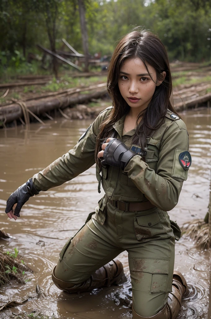 A pretty girl kneeling in the mud, in dirty combat uniform, gloves, in dirty combat boots, covered in mud, captured by enemy forces, in the mud, Soaked, high details, UHD, textured skin, high details, UHD, anatomically correct, textured skin, high details, UHD, anatomically correct, textured skin