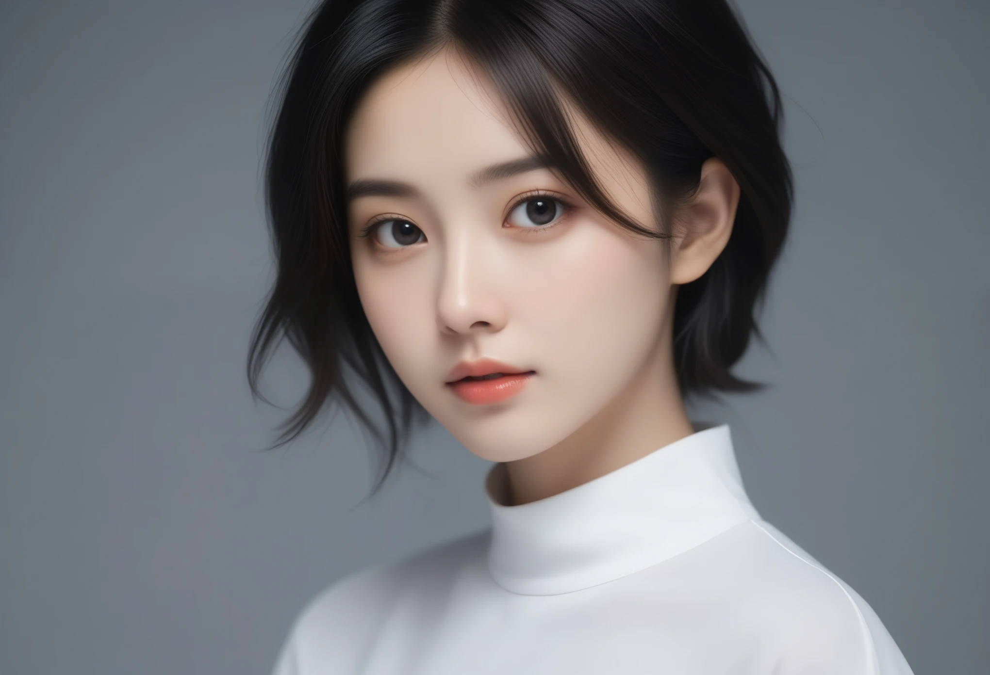 8k, Ultra-high resolution, Highest quality, masterpiece, 三分割法によるphotograph,Surreal, photograph, 1 Girl, (16 years old:1.3), pretty girl, Cute Face, Beautiful eyes in every detail, 細かくdetailedに,masterpiece,One Girl:1.2,Japan Female Teachers,extream close up,sad,streaming tears,Black short hair,Messy bun hair,(black suit:1.3),Nun's clothing,(印象派の美しい少女のPortraiture), (Gray background:1.3),(Impressionist light and colour),Dedication to God,Realistic Skin, Perfect and beautiful face ,完璧でCute Face, Skin with attention to detail, Perfect limbs、Narrow waist,Looking at the audience、beauty,Long neck,clavicle,(((Ideal body type))),A cup small breasts :2,Portraiture:2,Perfect Anatomy,鮮明なdetailed,detailed,Surreal,Light and shadow,spotlight