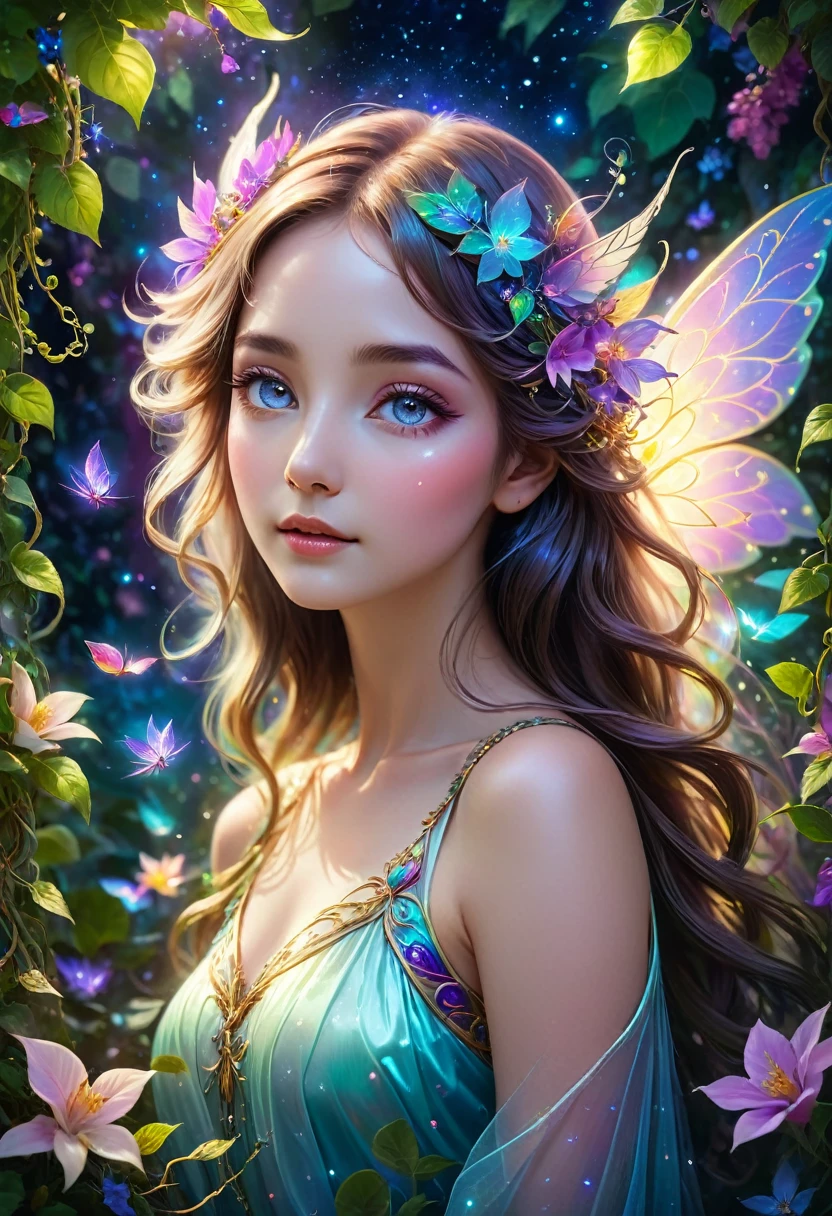 best quality,4k,8k,highres,masterpiece:1.2,ultra-detailed,realistic:1.37,impressionistic,astral colors,dreamlike lighting,ethereal atmosphere,otherworldly charm,magical plant girl,mystical aura,glowing flowers,floating petals,majestic vines,luminous leaves,enchanted garden,fantasy realm,captivating beauty,serene expression,intricate details,delicate features,enchanted eyes,petals in her hair,gossamer wings,celestial glow,harmonious colors,mystic energy,surreal atmosphere,evoking wonder,sublime artistry,vibrant hues,mesmerizing creation,ethereal portrait