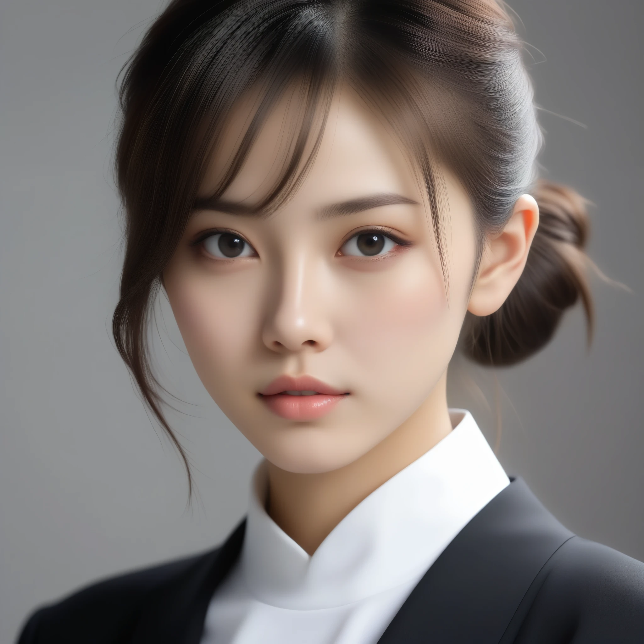 8k, Ultra-high resolution, Highest quality, masterpiece, 三分割法によるphotograph,Surreal, photograph, 1 Girl, (16 years old:1.3), pretty girl, Cute Face, Beautiful eyes in every detail, 細かくdetailedに,masterpiece,One Girl:1.2,Japan Female Teachers,extream close up,sad,streaming tears,Black short hair,Messy bun hair,(black suit:1.3),Nun's clothing,(印象派の美しい少女のPortraiture), (Gray background:1.3),(Impressionist light and colour),Dedication to God,Realistic Skin, Perfect and beautiful face ,完璧でCute Face, Skin with attention to detail, Perfect limbs、Narrow waist,Looking at the audience、beauty,Long neck,clavicle,(((Ideal body type))),A cup small breasts :2,Portraiture:2,Perfect Anatomy,鮮明なdetailed,detailed,Surreal,Light and shadow,spotlight