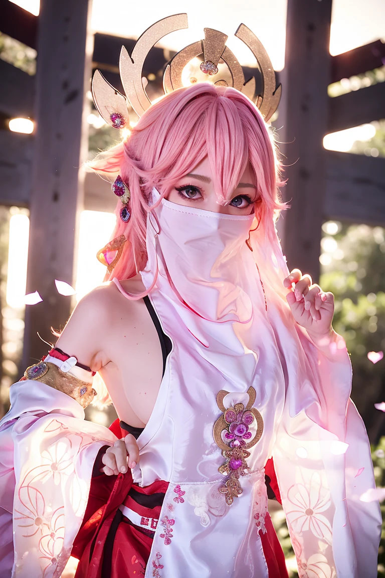 (Обои Extreme Detail CG Unity 8K, masterpiece, top quality), (ulzzang-6500-v1.1:0.4) 1 FemBoy, k-pop idol, Yae Miko, cut off sleeves, pink hair, long hair, Best quality, (photorealistic:1.2), (hair ornament:1.35), Jewelry, fox ears, wear a veil on your face, (white veil on the face, silk veil mask:1.2), purple eyes, earrings, tory, Cherry blossoms, Lantern light, depth of field, detailed face, Focus on face, (I look at the viewer:1.25), Shiny skin, long sleeves, cowboy shot, dynamic pose, (perfect proportions, elegant pose, sexy pose:1.3), computer graphics games, thigh high, East Asian architecture, blurred background, whole body, concentrated expression, outdoor temple installation, Fantasy style,