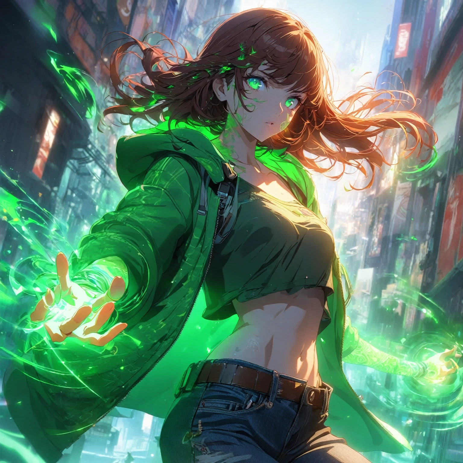 A girl that has a lean, athletic build, vibrant green eyes, and shoulder-length auburn hair, she wears a casual outfit consisting of a fitted green hoodie with subtle energy patterns, mechanical parts integrated into her outfit, (nude:0.8) dark jeans, and sneakers, her skin has a slight luminescent quality when using her powers, her hands are often surrounded by a visible, swirling green energy, and she carries a small, tech-enhanced wristband that amplifies her abilities, detailed gorgeous face| anime style| key visual| intricate detail| highly detailed| breathtaking| vibrant| panoramic| cinematic| Carne Griffiths| Conrad Roset| gibbli 8k.