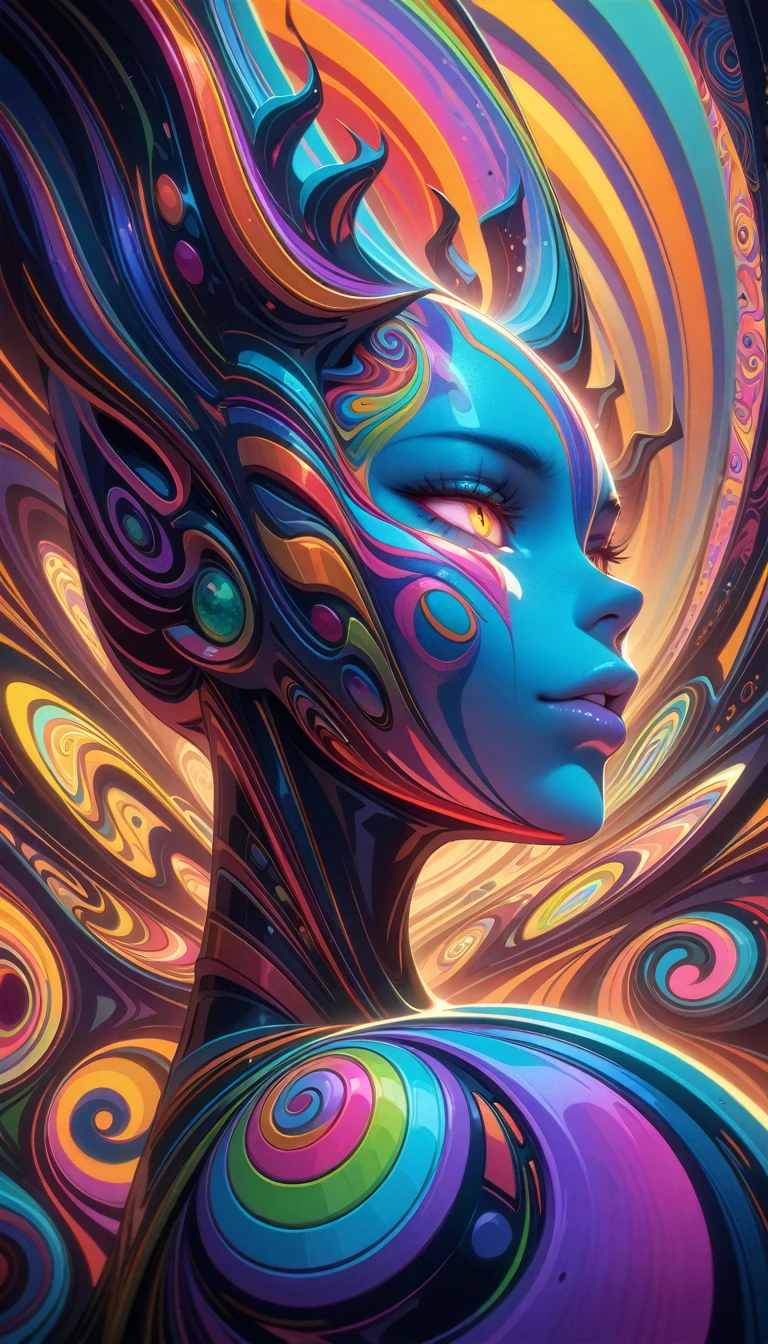 ((best quality)) , ((masterpiece)) , (detailed),Jean-Joseph Benjamin-Constant, Glowwave, Photograph, Jake Parker, Alan Davis, Hipster Art, Cleancore, Art Deco Girl, Monstrous and Boring, Swirling, Metalcore, Film Washi, portrait art by Stanisław Ignacy Witkiewicz, detailed, intricate, background inspired, luxury, pure,(((psychedelic style . vibrant colors, swirling patterns, abstract forms, surreal, trippy)))
